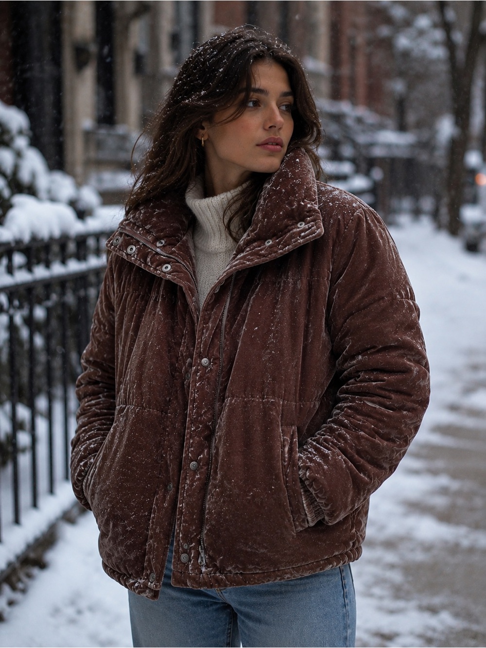 Very J Velvet Puffer Jacket - Brown